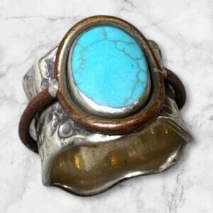 Mexico Turquoise Hammered Sterling Silver Wide Band Ring Size 6.5
